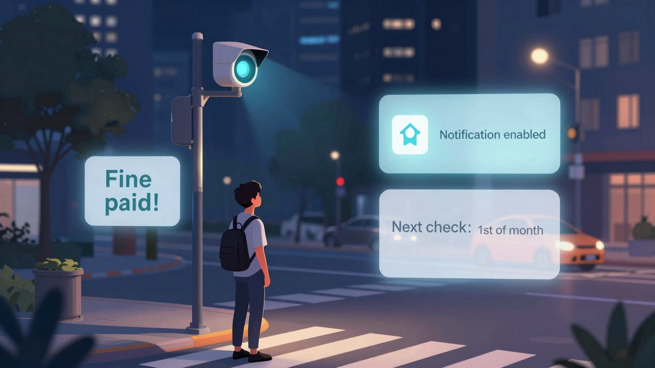 Человек смотрит на камеру на перекрестке, вокруг него в воздухе всплывают уведомления о штрафах и напоминаниях.