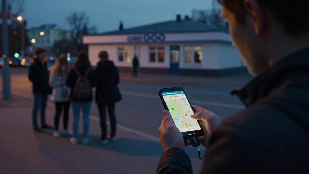 Человек смотрит на карту на телефоне, стоя на тихой улице вечером, вдалеке видна очередь в ГИБДД.