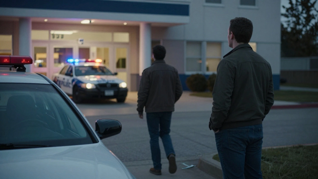 Человек стоит у машины у здания полиции, но не садится за руль — он пришел пешком.