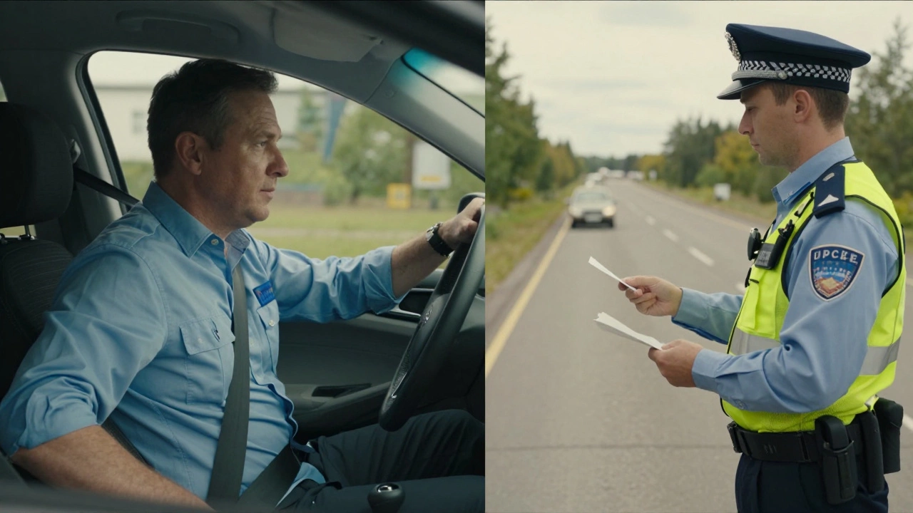 Левая часть: остановка экзамена. Правая часть: выписка штрафа