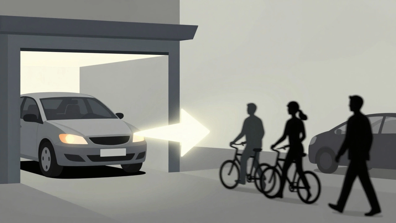 Машина выезжает из гаража, световой сигнал указывает направление движения, вокруг — силуэты других участников дороги.