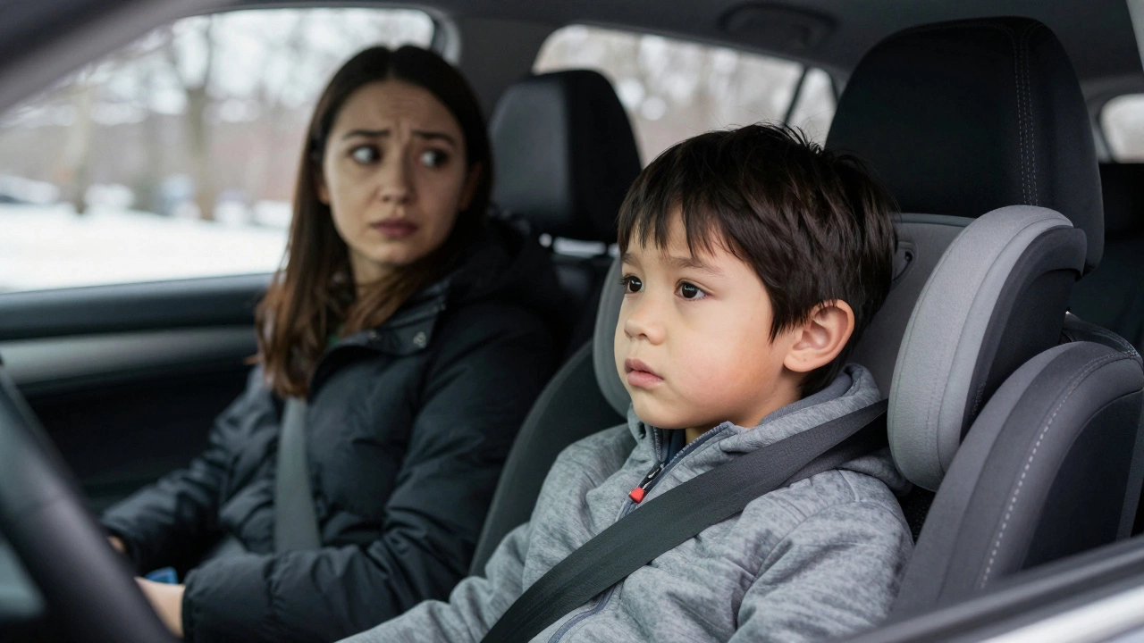 Ребёнок на переднем сиденье, пристёгнутый ремнём, без детского кресла.