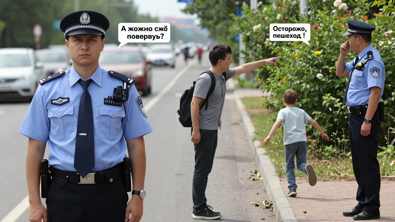 Слева — ученик спрашивает о повороте, справа — он предупреждает о ребёнке на дороге.