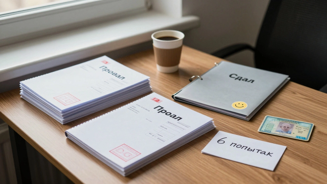Стопка файлов с пометками 'Провал' и один с пометкой 'Сдал' на столе в автошколе.