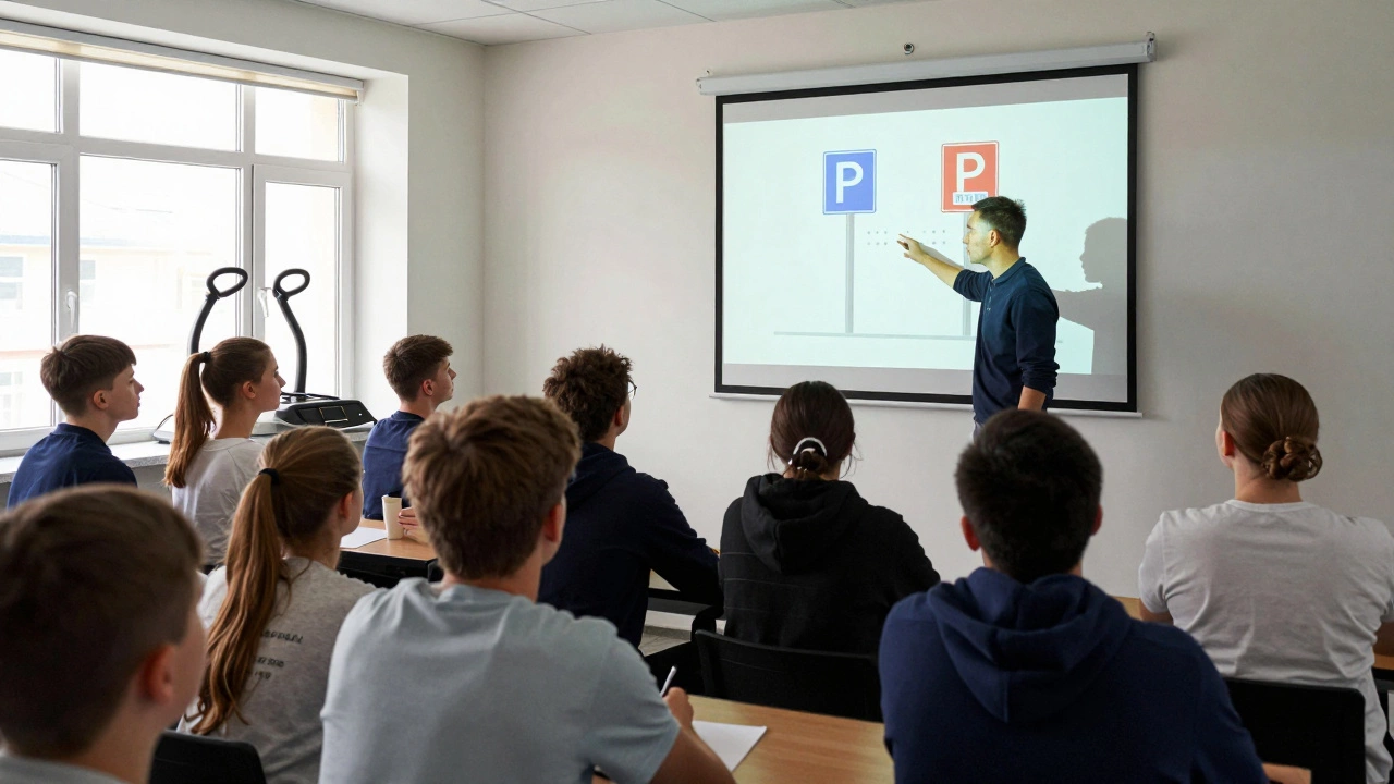 Студенты в автошколе учатся правилам дорожного движения под руководством инструктора, за окном видна обучающая машина.