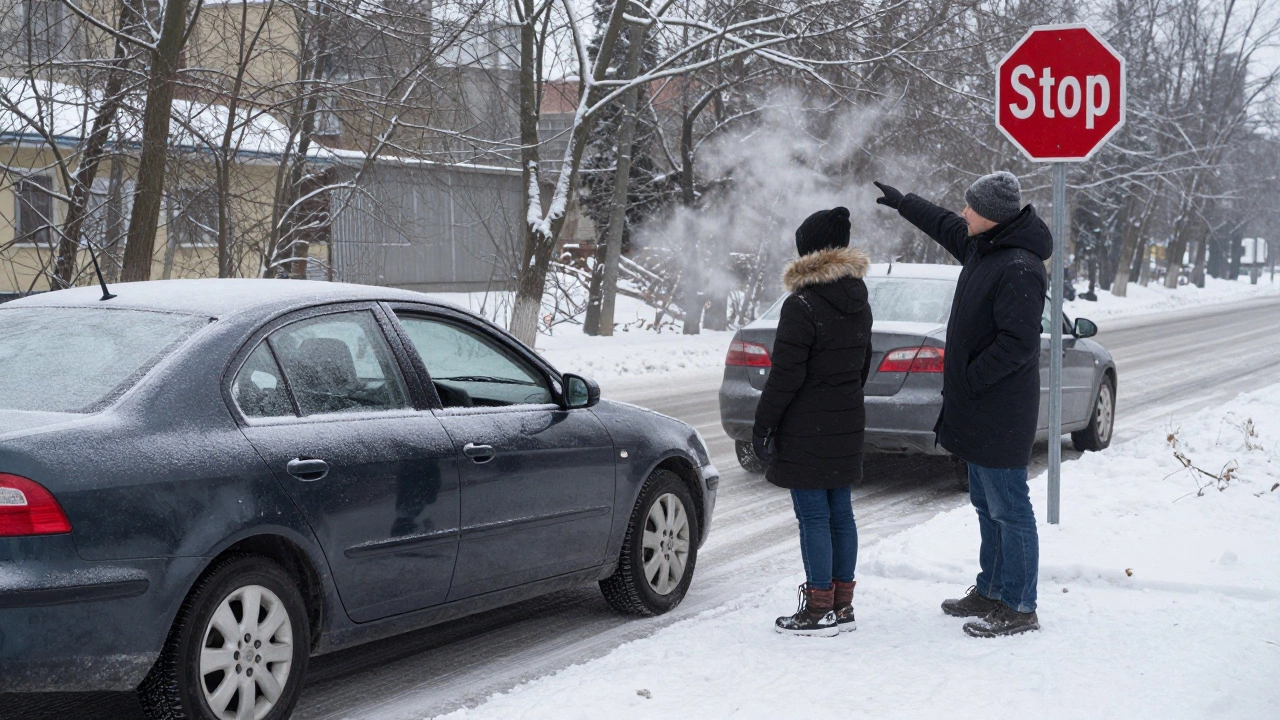 Ученик за рулём на зимней улице Воронежа, инструктор показывает на знак «Стоп», за окном снег.