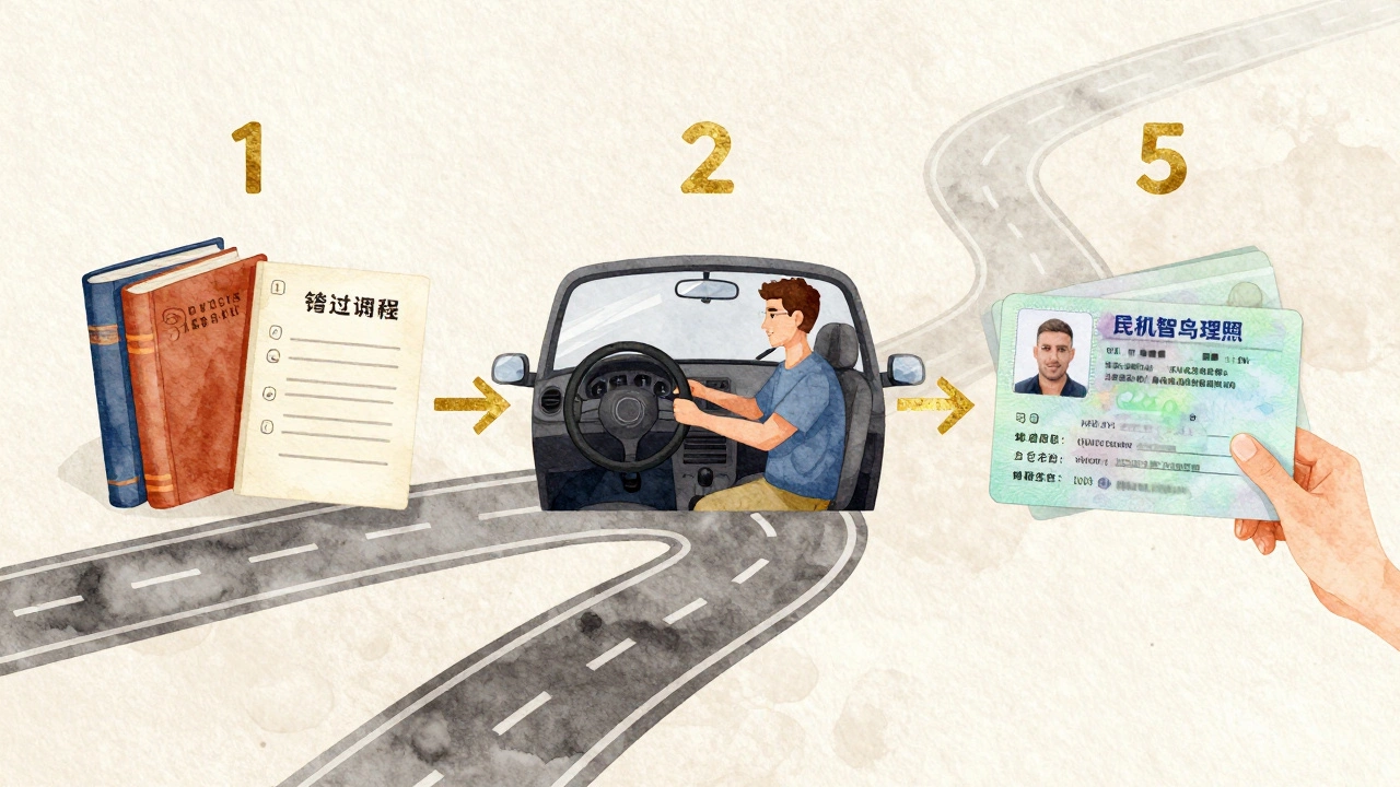 Визуальная хронология обучения на права: теория, вождение, получение водительского удостоверения.