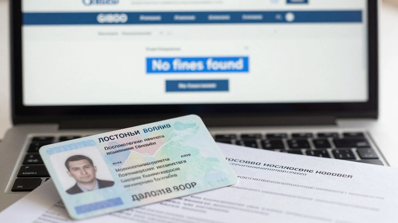 Водительское удостоверение и СТС рядом с экраном компьютера, где показано сообщение 'Штрафов нет'.