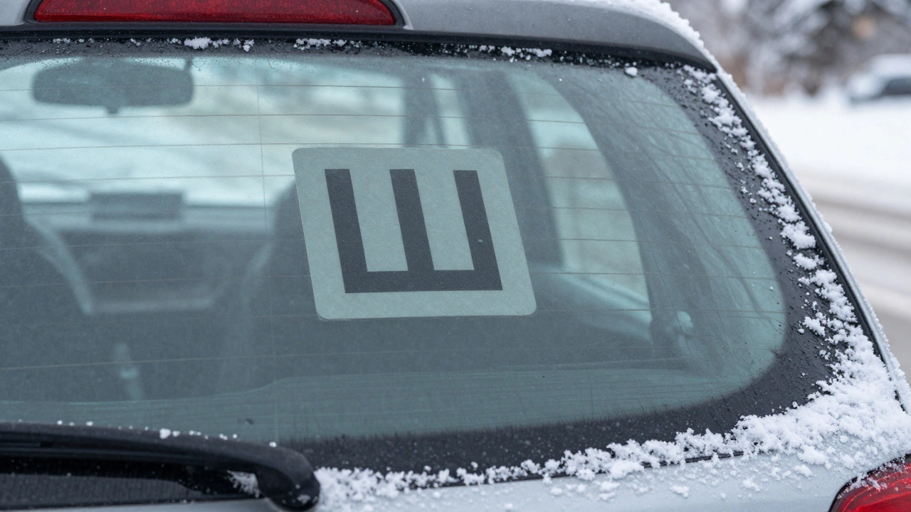 Заднее стекло автомобиля с наклейкой «Ш» на фоне зимней дороги.