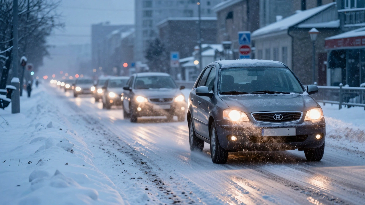 Автомобиль с включенными фарами на скользкой зимней дороге