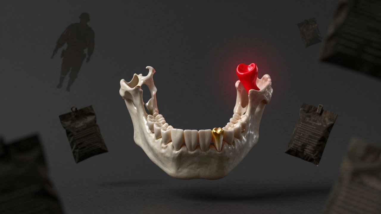 Функционально поврежденная челюсть с восемью отсутствующими коренными зубами, символизирующая причину для категории В.