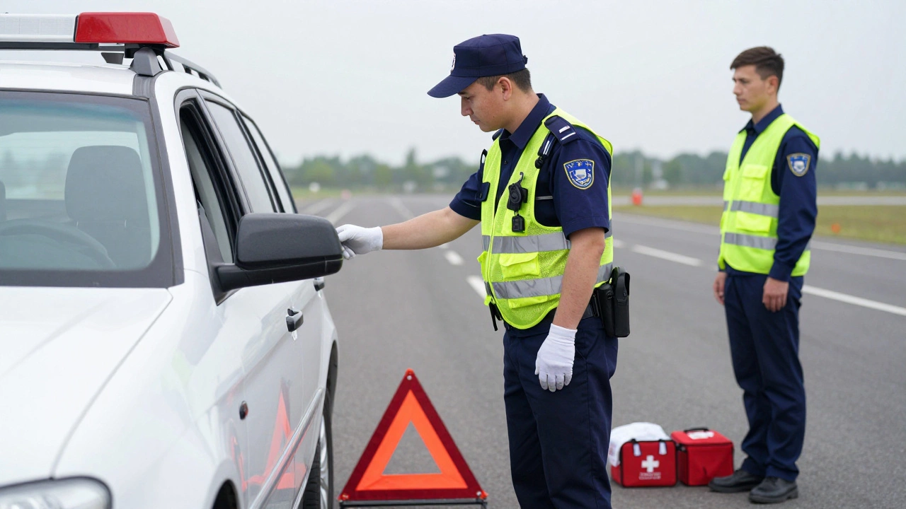 Инспектор ГИБДД проверяет оборудование автомобиля: зеркало, жилет, аптечку и знак аварийной остановки.