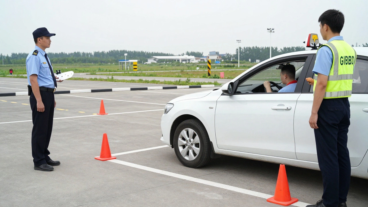 Кандидат сдает практический экзамен на автодроме, паркуя автомобиль между конусами.