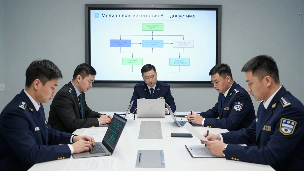 Команда специалистов ФСБ в кабинете, каждый занимается своей задачей — аналитика, шифрование, медицинские документы.