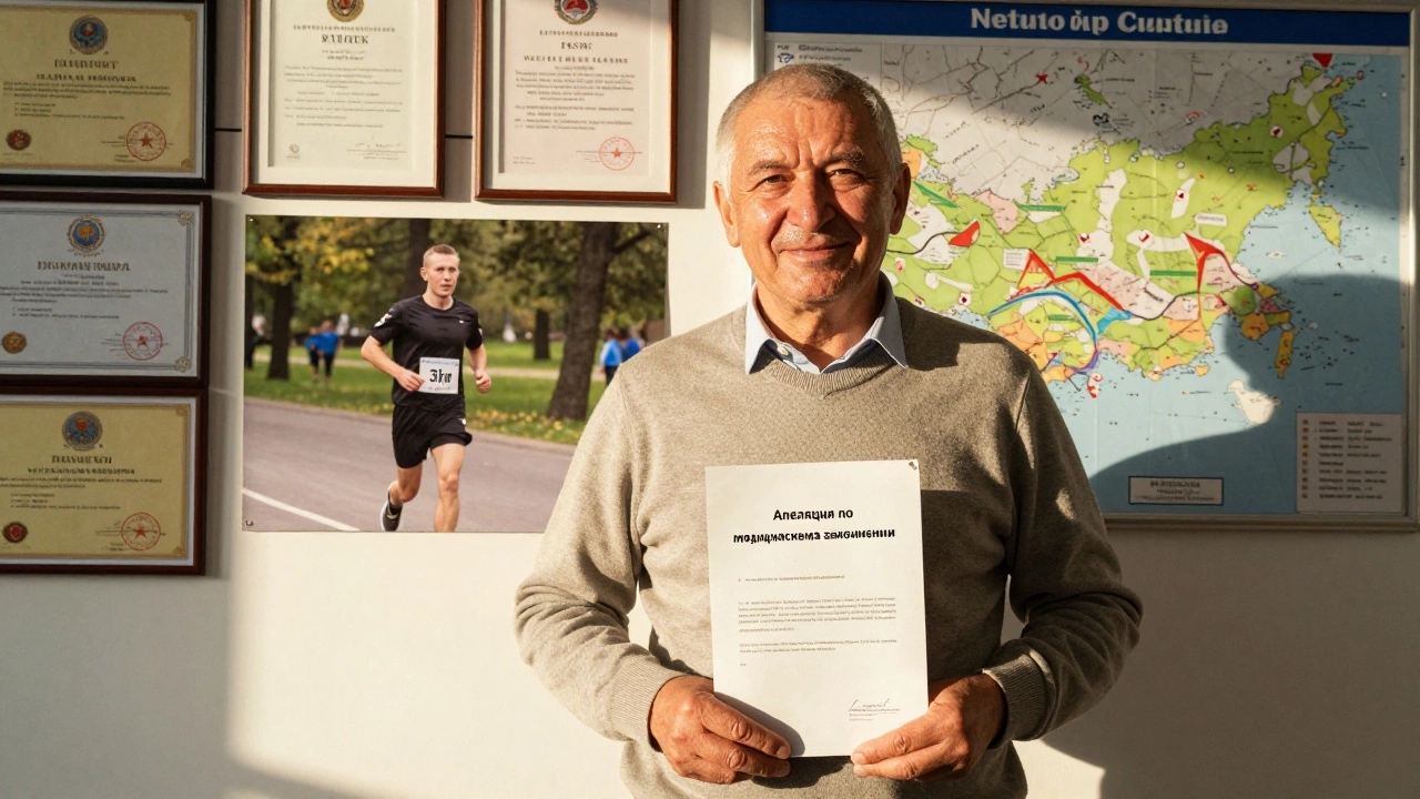 Мужчина стоит перед наградами, держа файл апелляции, на фоне — фотография его пробежки и карта России.