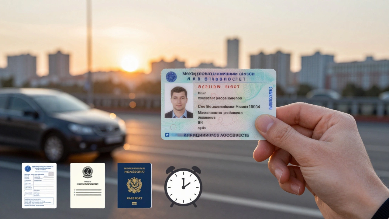 Новополученные водительские права на фоне городского пейзажа на рассвете.