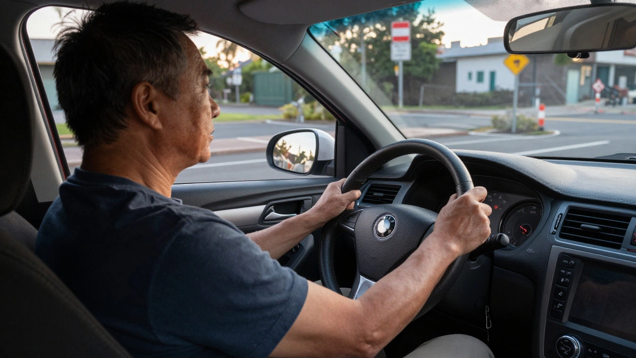 Опытный водитель тренируется парковаться на легковой машине под наблюдением инструктора