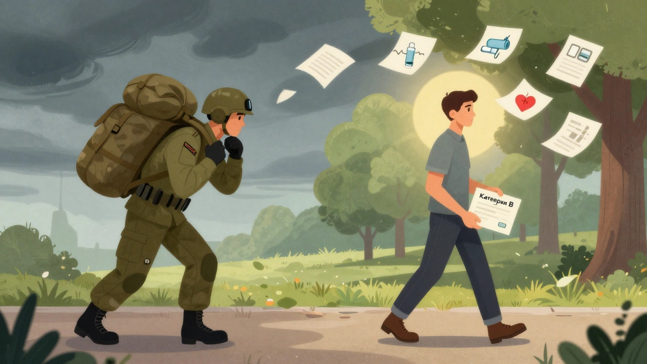 Символическое изображение двух жизней: военная служба и гражданский мир с медицинским сертификатом.