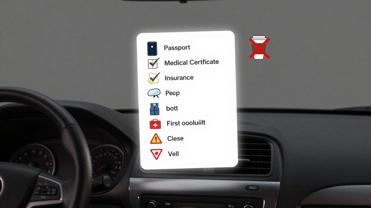 Список обязательных вещей для экзамена по вождению с выделенными разрешёнными и запрещёнными предметами.