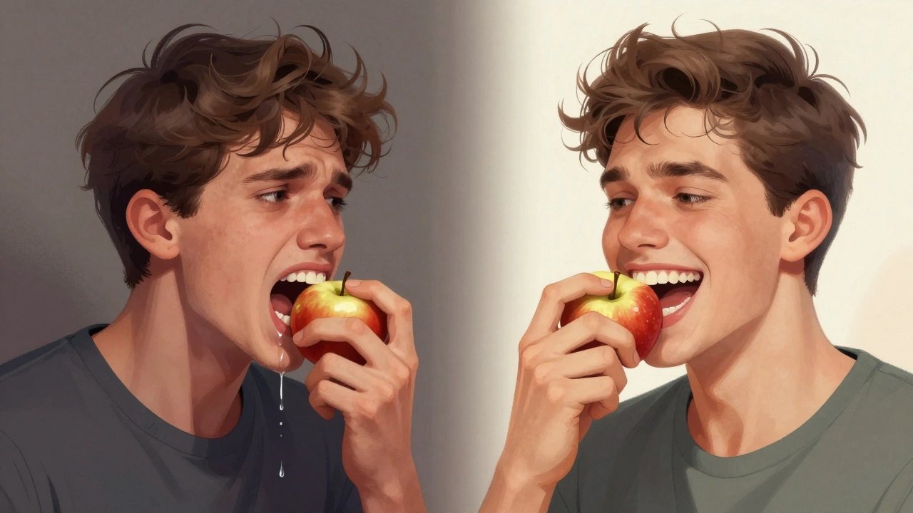 Сравнение: человек не может жевать без зубов и тот же человек с имплантами, легко жующий яблоко.