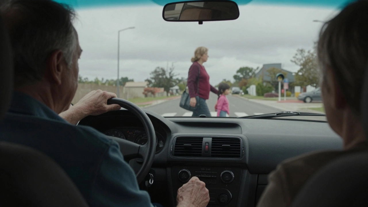 Водитель останавливается, чтобы уступить дорогу пешеходам на переходе.