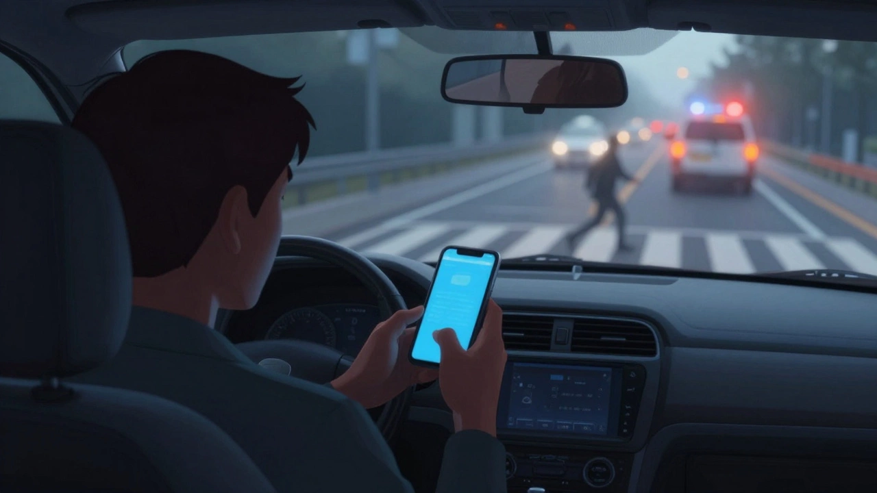 Водитель с телефоном в руке за рулем, пешеходный переход на фоне