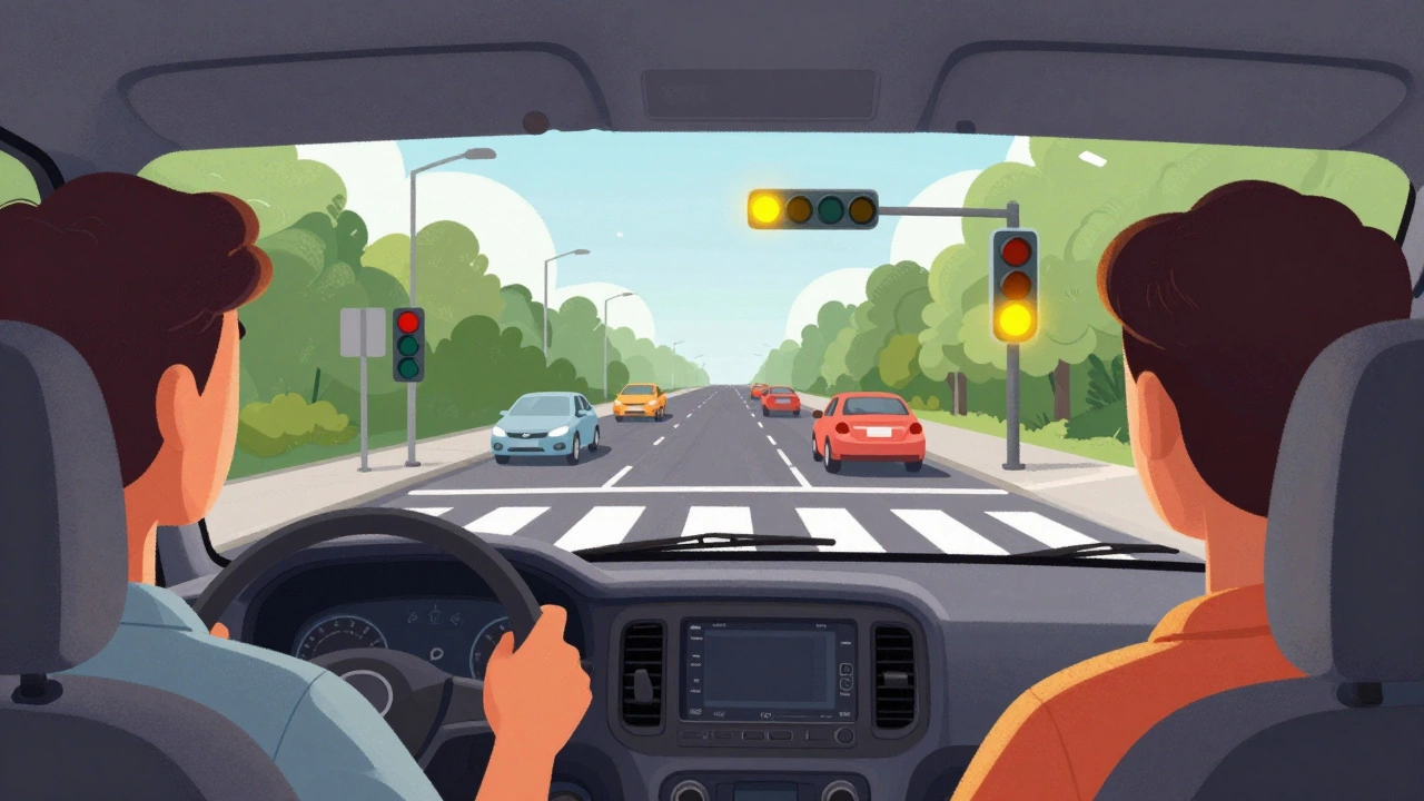Водитель у светофора с видом на дорожные знаки и разметку