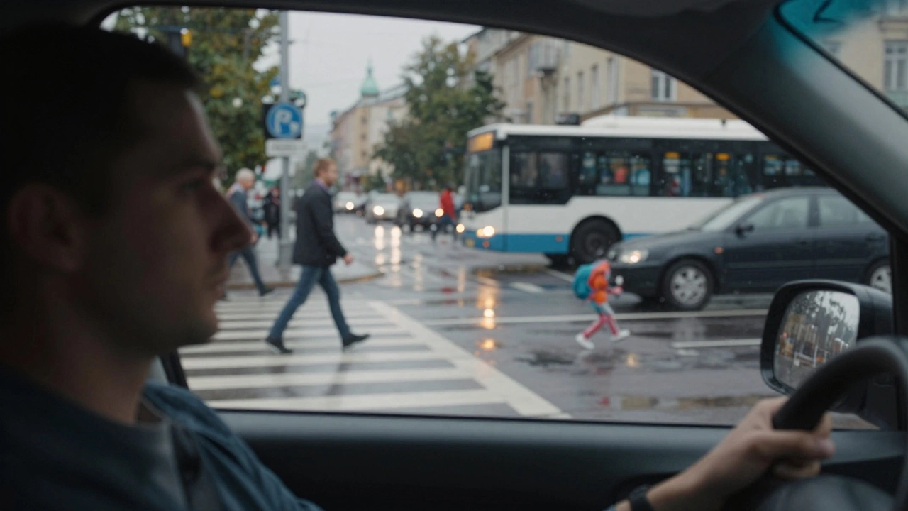 Водитель внимательно следит за перекрестком с пешеходами и автобусом.