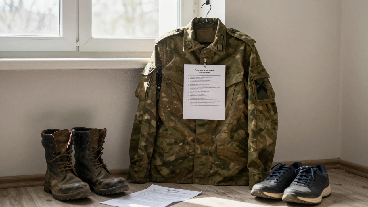 Военная форма с прикрепленным документом о категории В и повседневной обувью на полу.