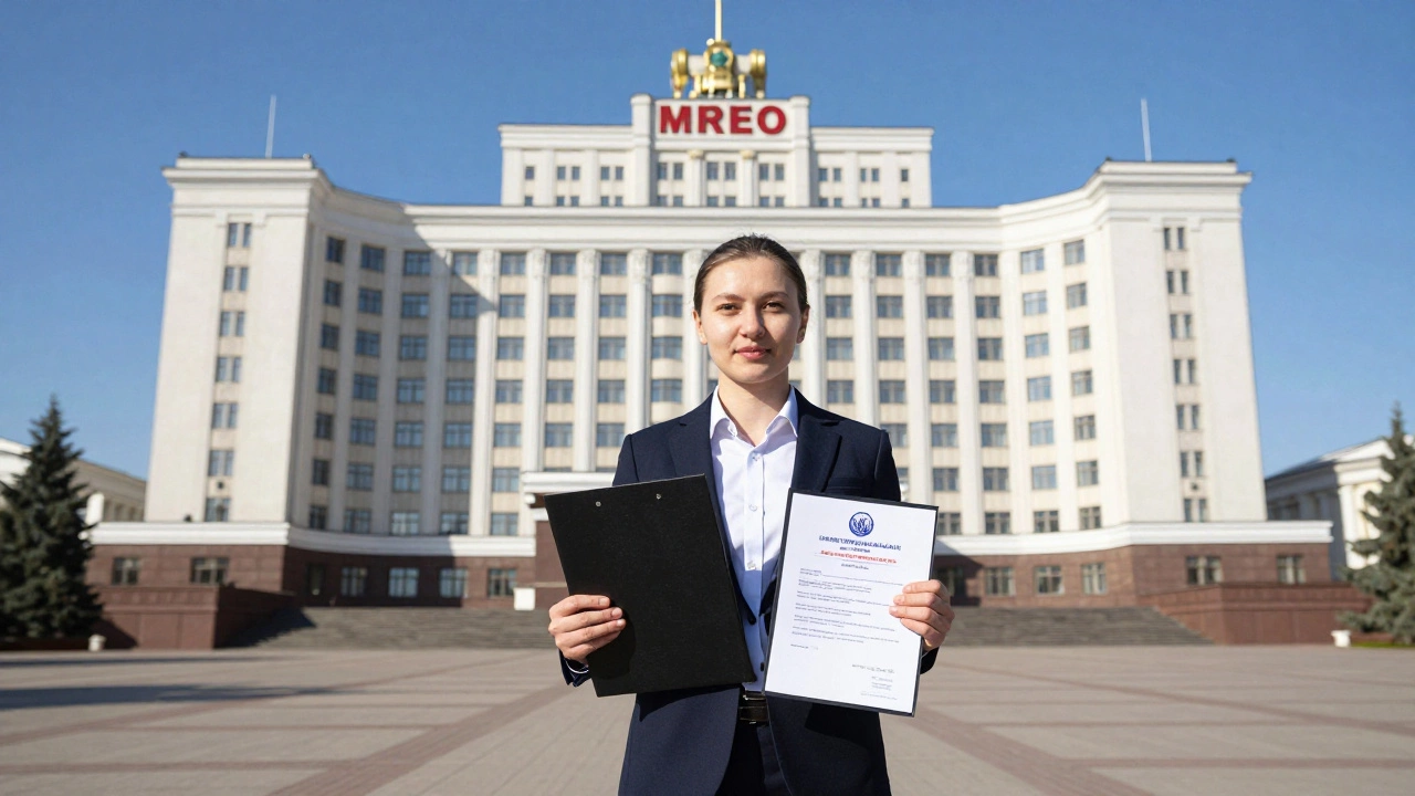 Кандидат в водители с документами перед зданием МРЭО