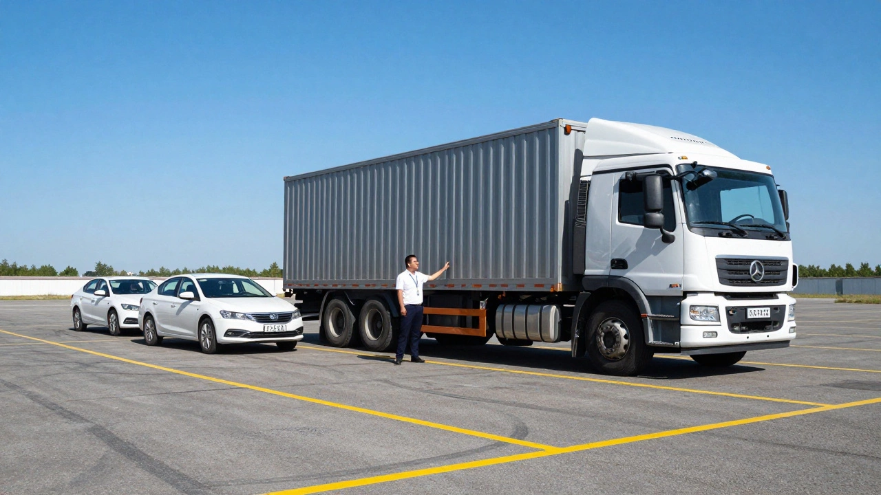 Легковой автомобиль и грузовик на тренировочной площадке автошколы