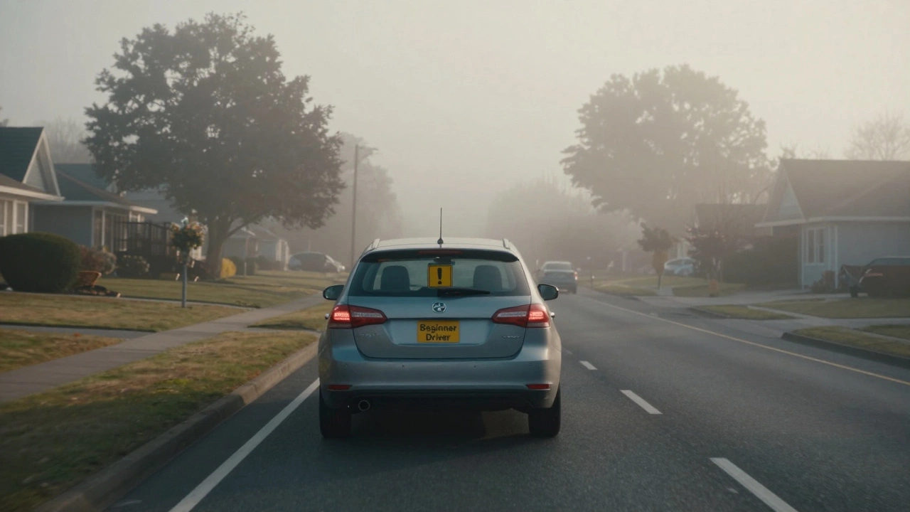 Машина со знаком начинающего водителя едет по спокойной дороге утром