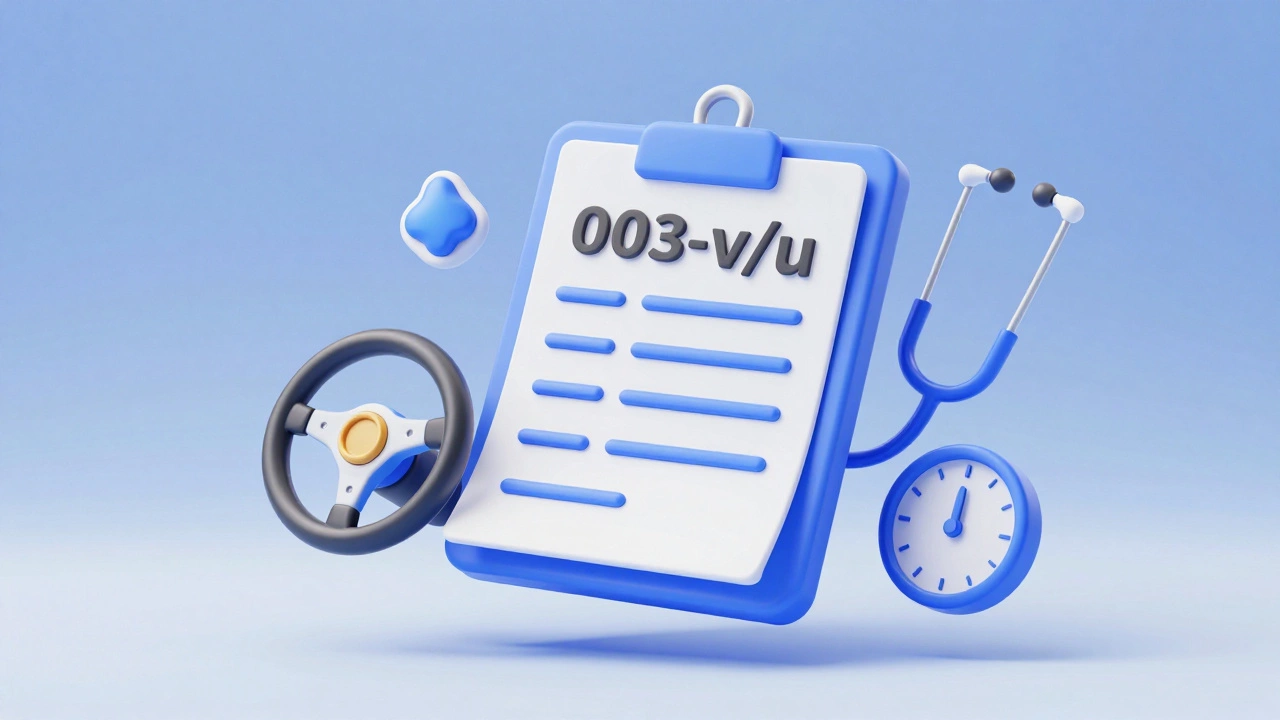 Медицинская справка на права в окружении символов медицины и вождения