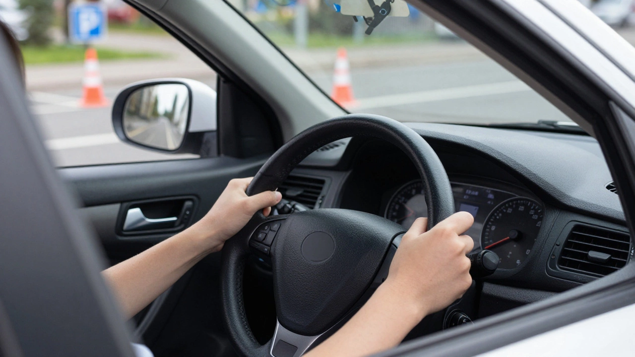 Руки ученика на руле учебного автомобиля во время практики парковки