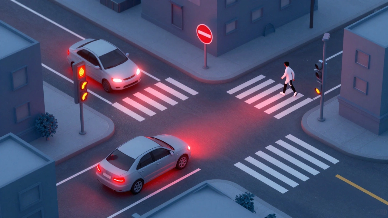Схематичное изображение перекрестка с отмеченными ошибками при проезде и пешеходами