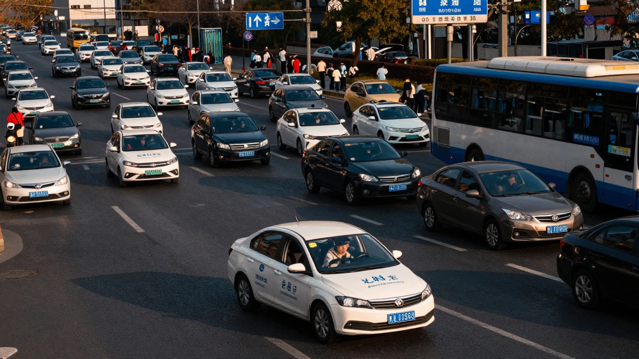 Учебный автомобиль в плотном городском потоке в час пик