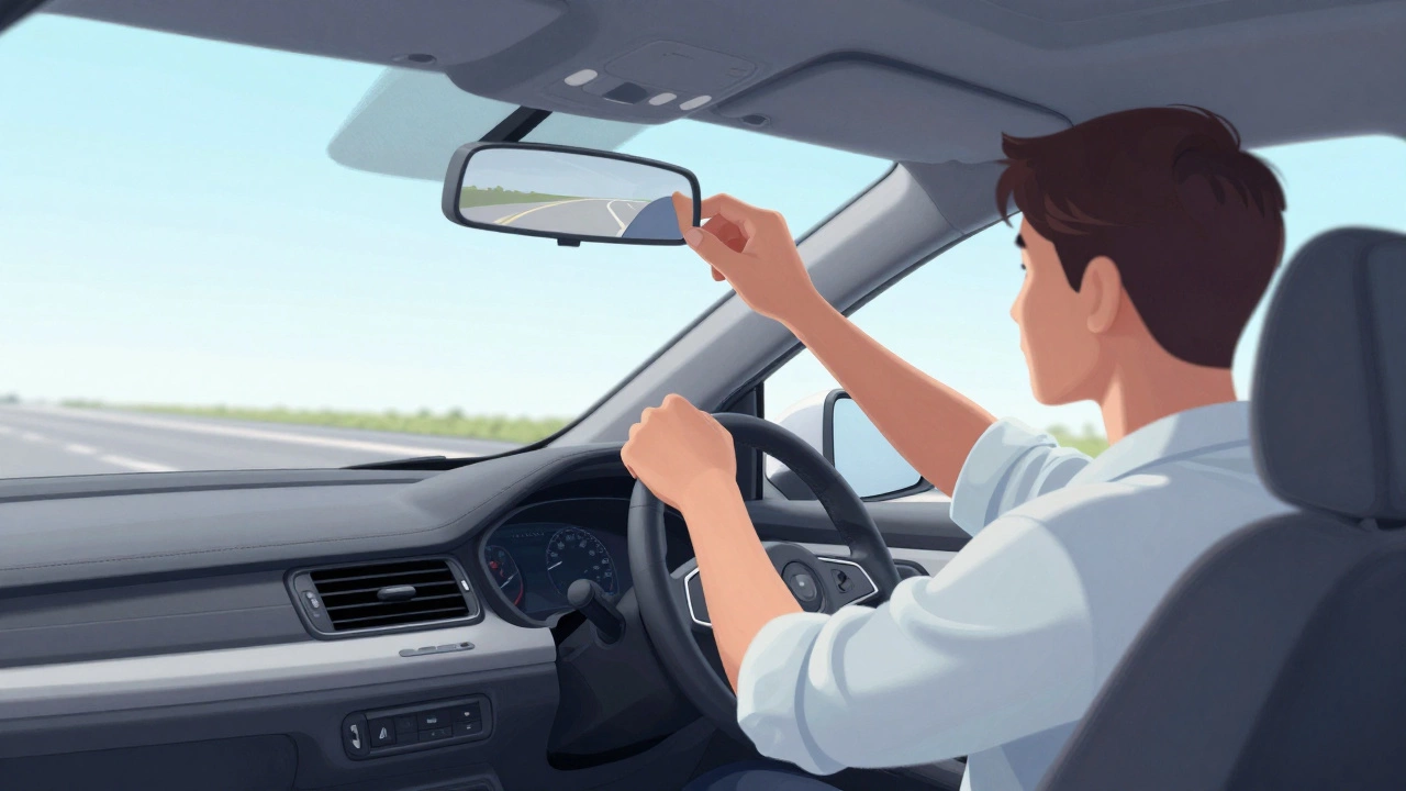 Водитель настраивает боковое зеркало автомобиля для безопасности