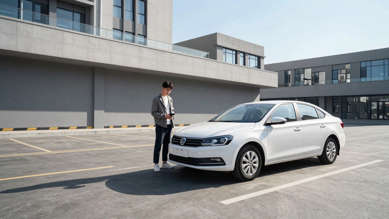 Водитель рядом с учебным автомобилем во время сдачи практического экзамена в городе