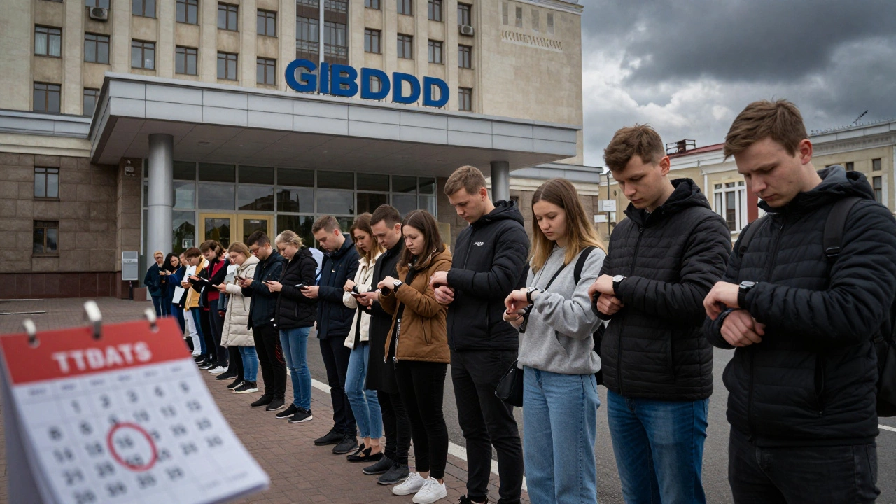Очередь молодых людей у здания ГИБДД перед сдачей экзамена